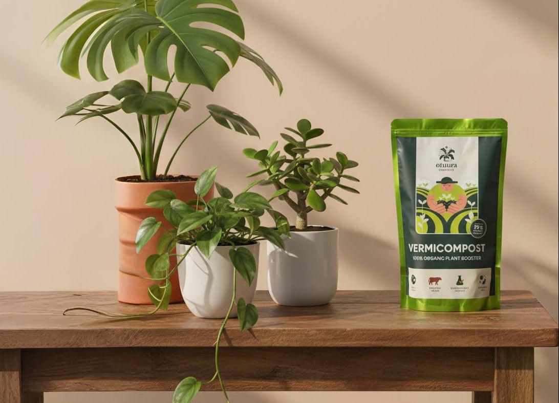 Potted plants on a wooden table with a bag of vermicompost in the foreground.